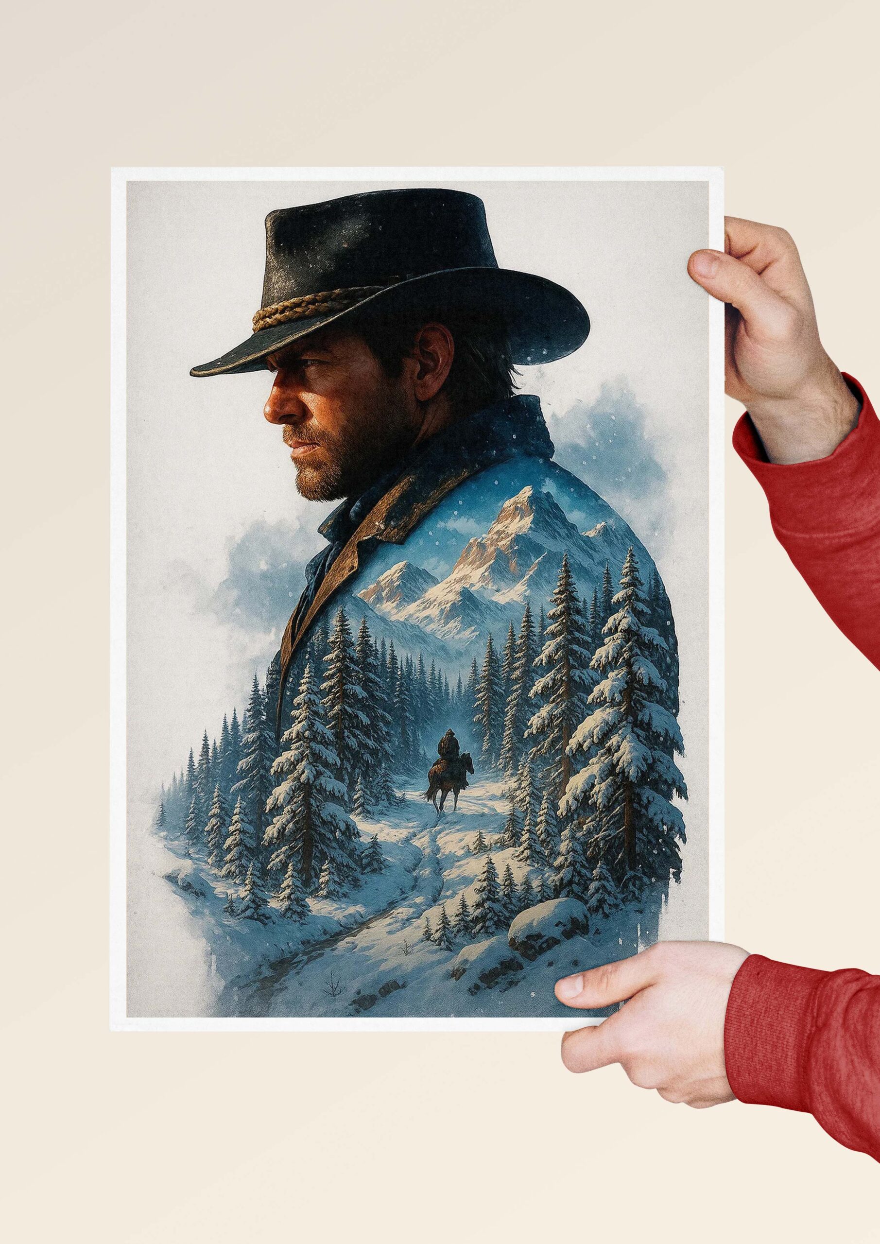 Arthur Morgan double exposure artwork with snowy forest and mountains