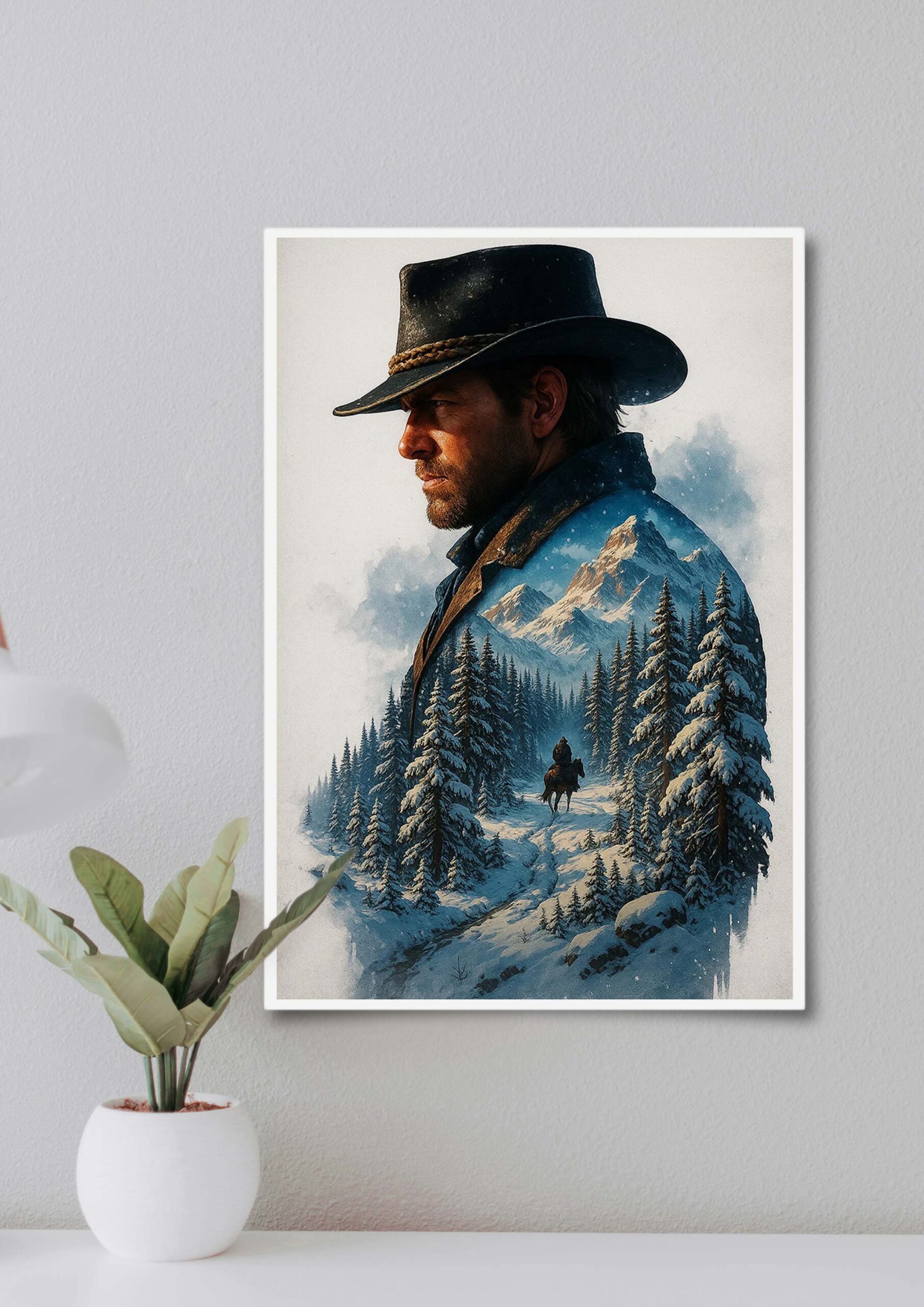 RDR2 cinematic western wall art featuring lone rider