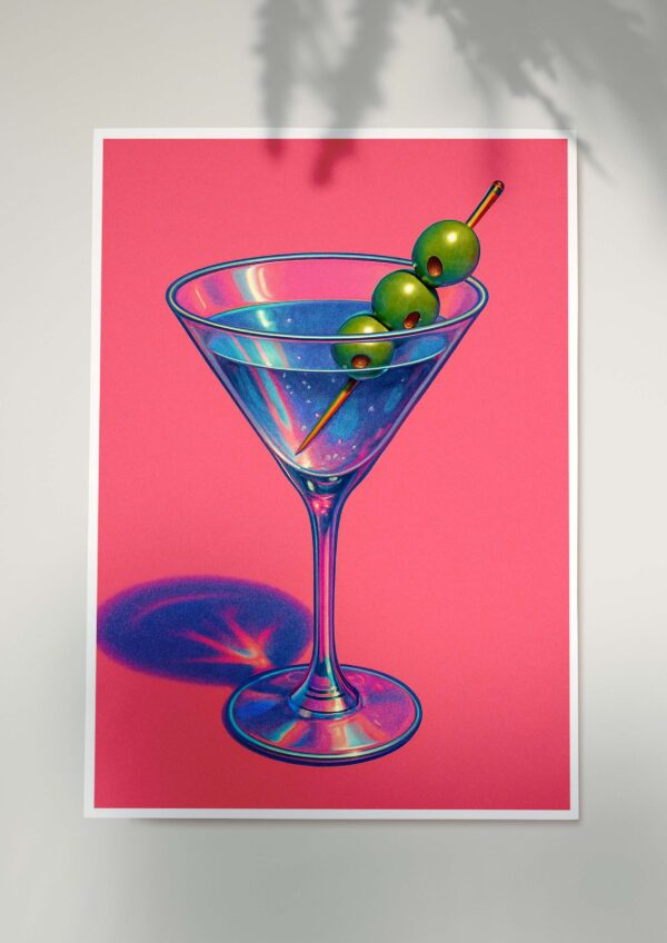 Neon martini poster with green olives on a vibrant pink background