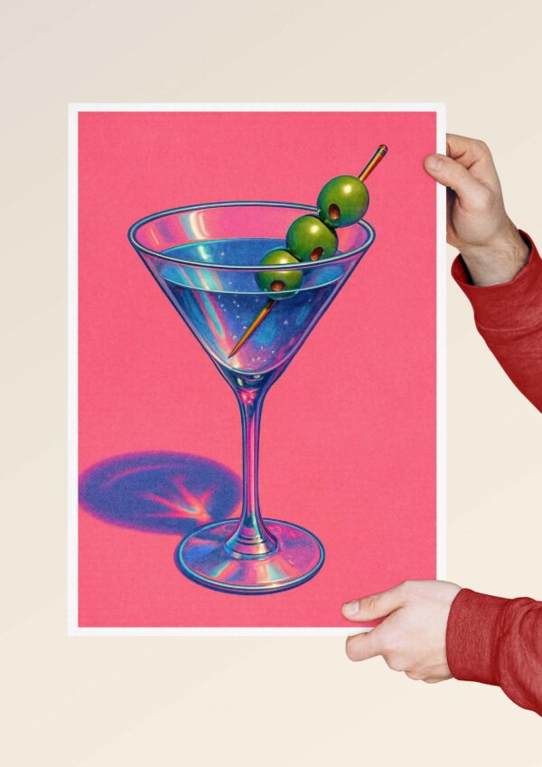 Neon martini green olive cocktail poster held in hands