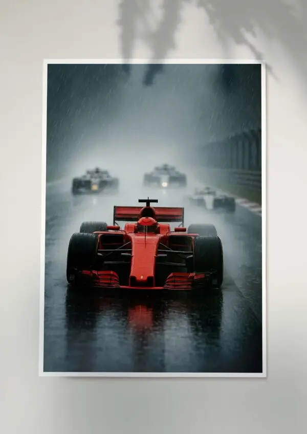 Red Formula-style race car poster on a rain-soaked circuit