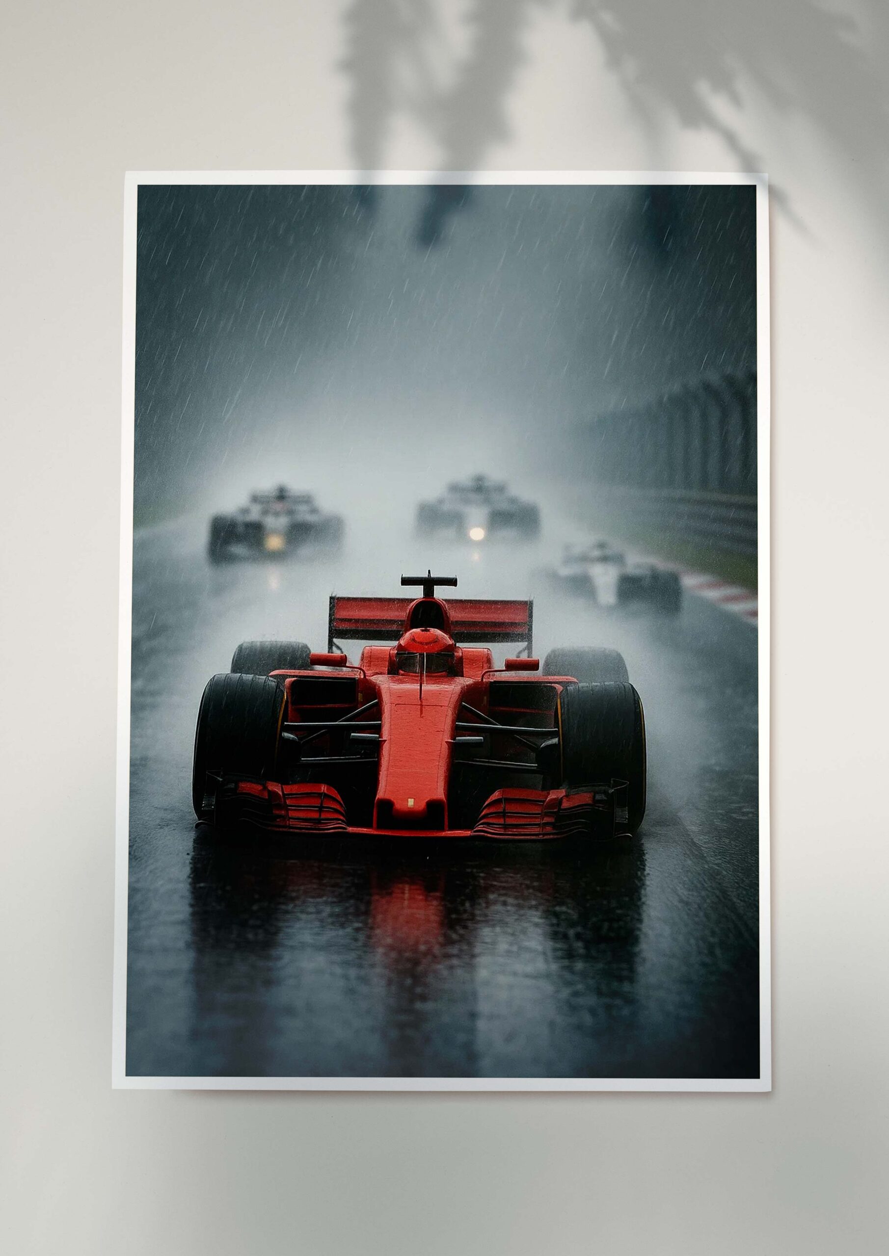 Red Formula-style race car poster on a rain-soaked circuit