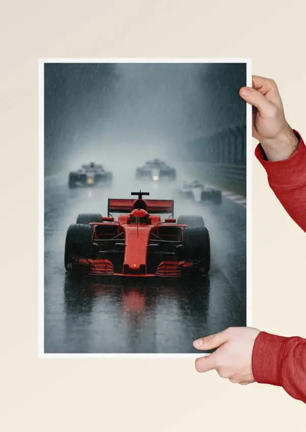 Rainy red Formula racing poster held in hands