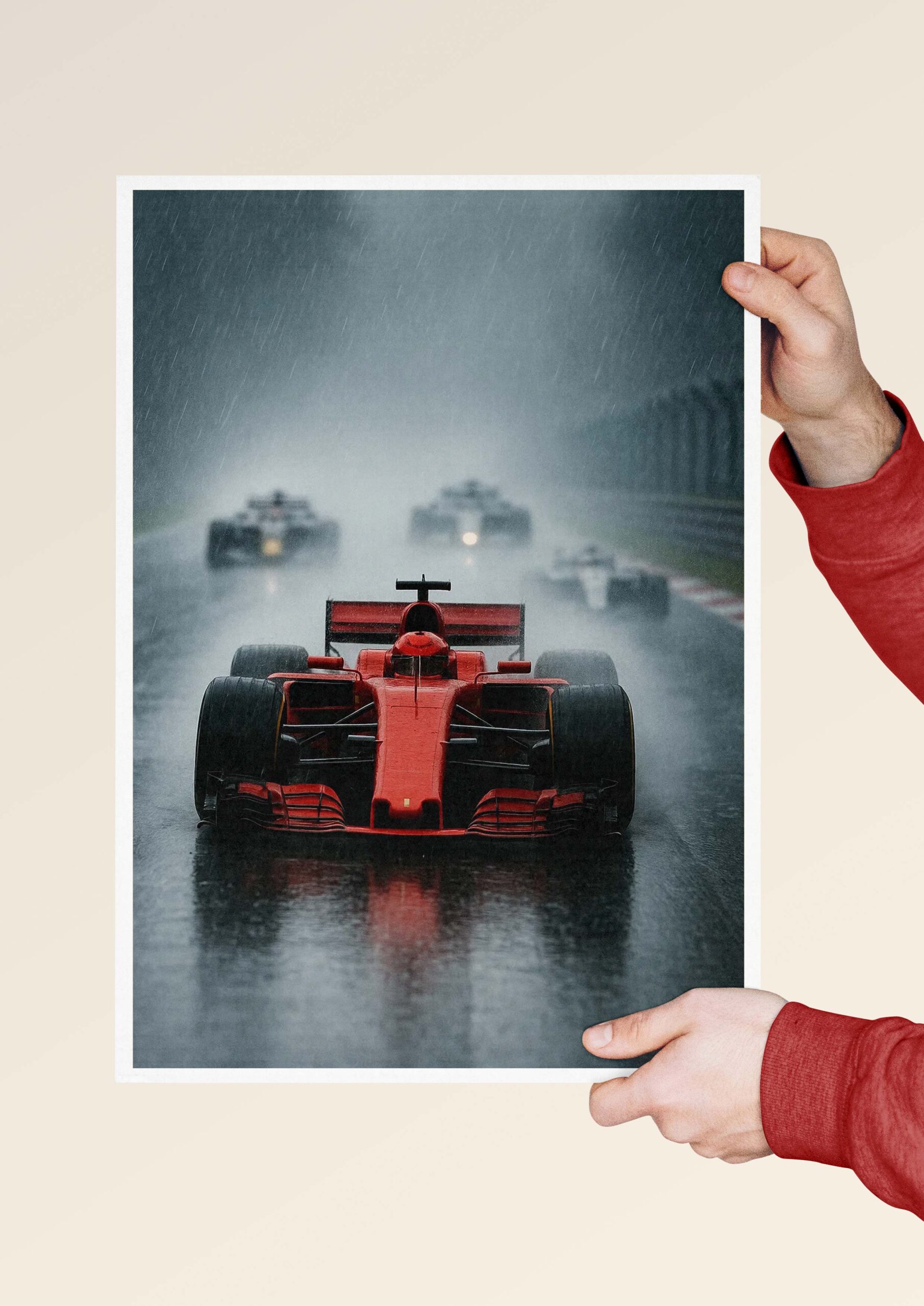 Rainy red Formula racing poster held in hands