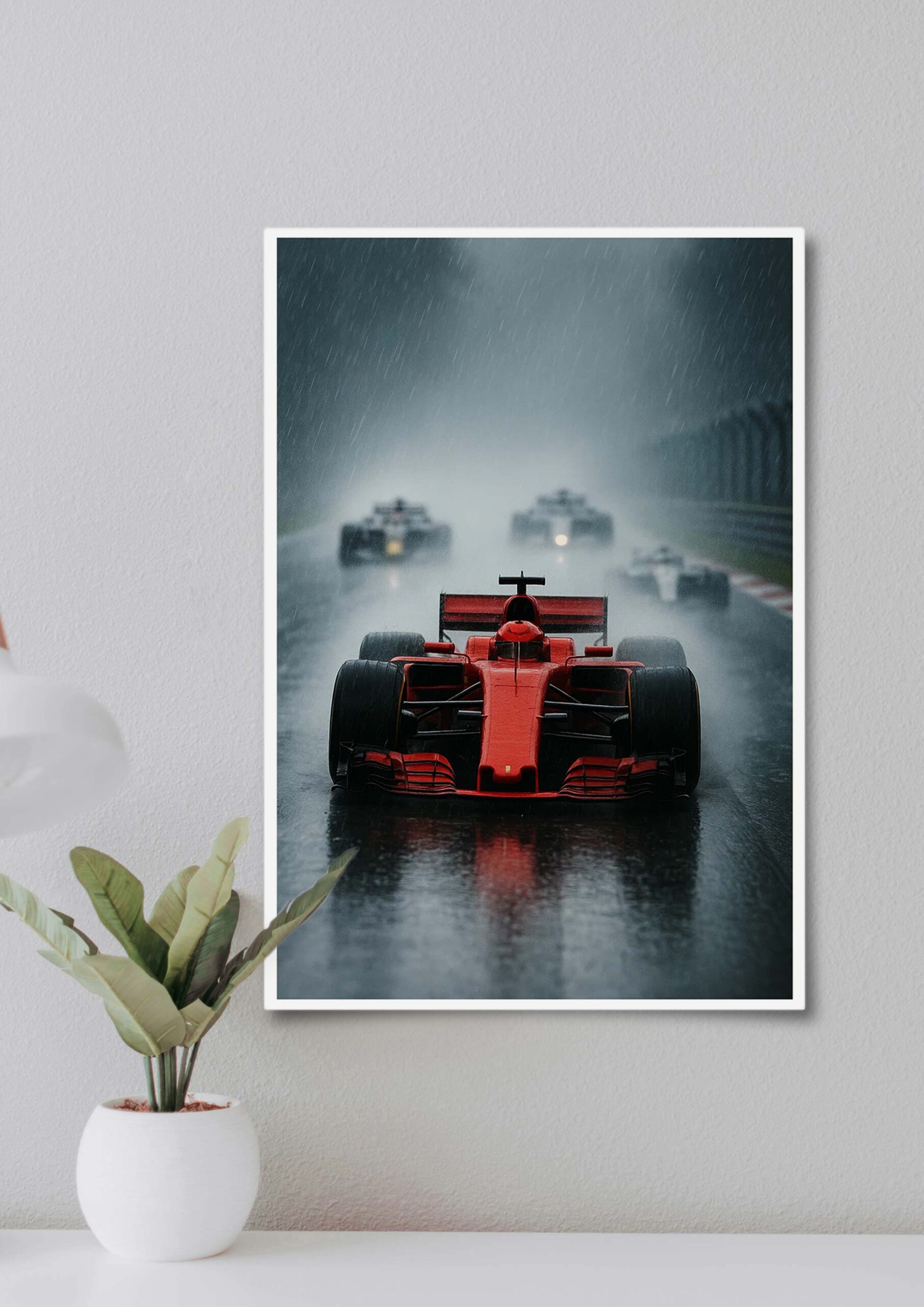 Red Formula racing poster displayed on a wall
