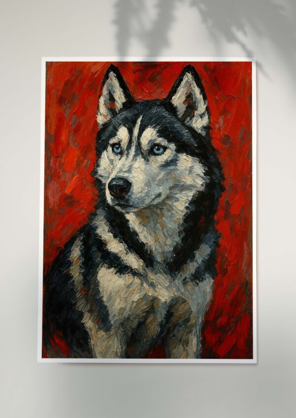 Expressive Siberian Husky portrait poster with blue eyes on a textured red background
