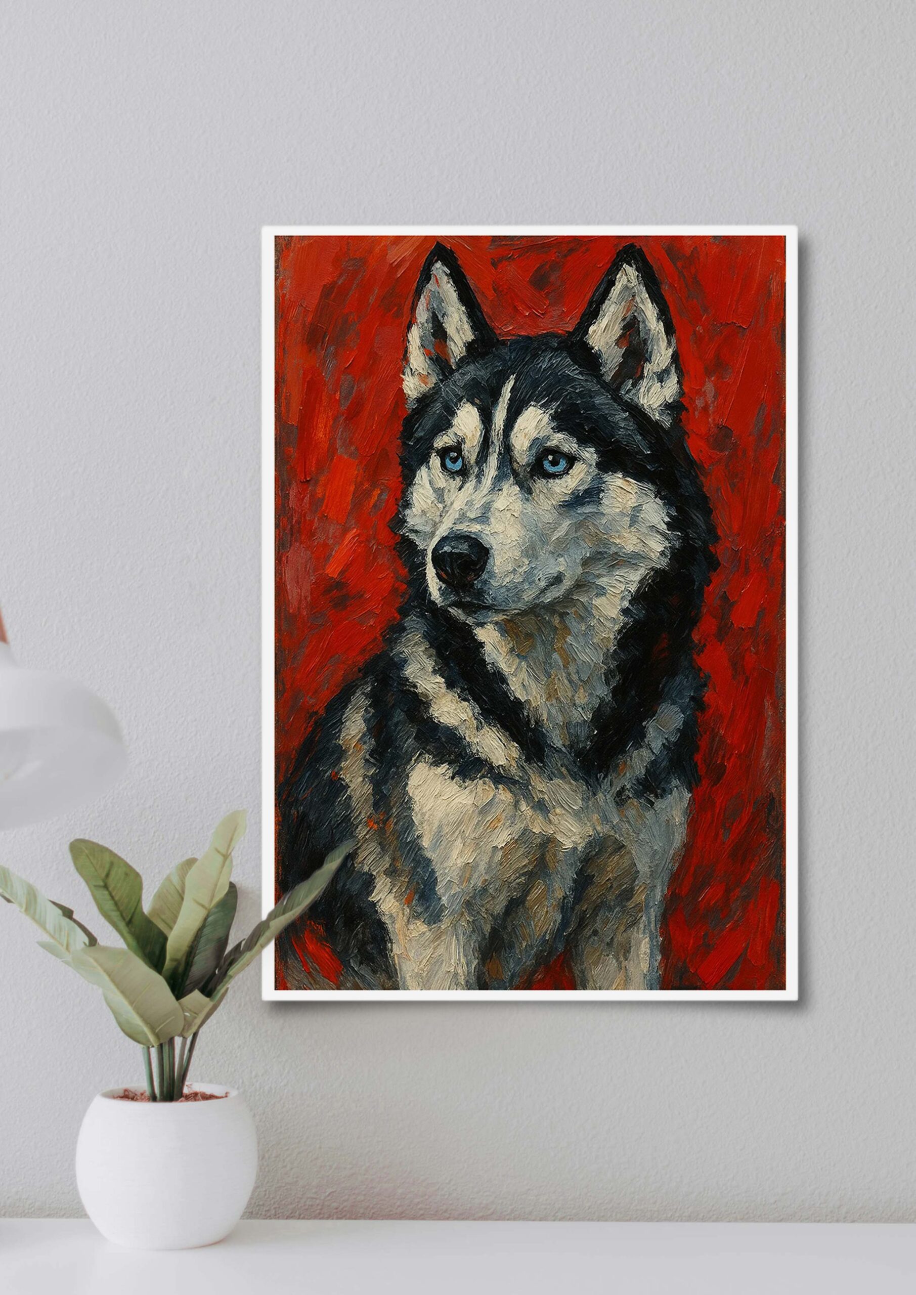 Siberian Husky portrait poster displayed on a wall
