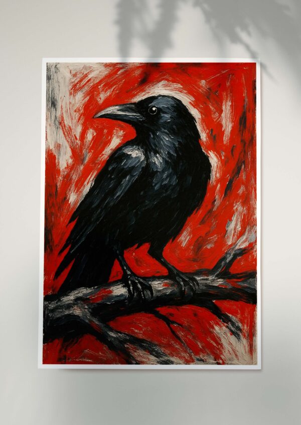 Expressionist black raven poster with a bold red painted background