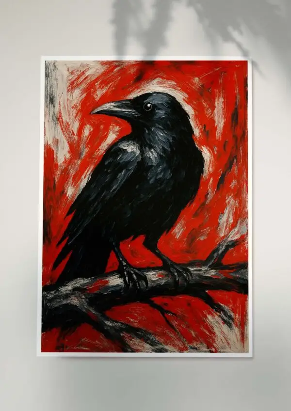 Expressionist black raven poster with a bold red painted background
