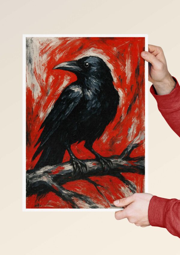 Black raven expressionist art poster held in hands
