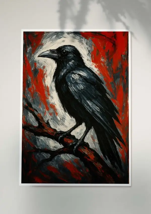 Expressionist black raven portrait poster with red grey and black brushstrokes
