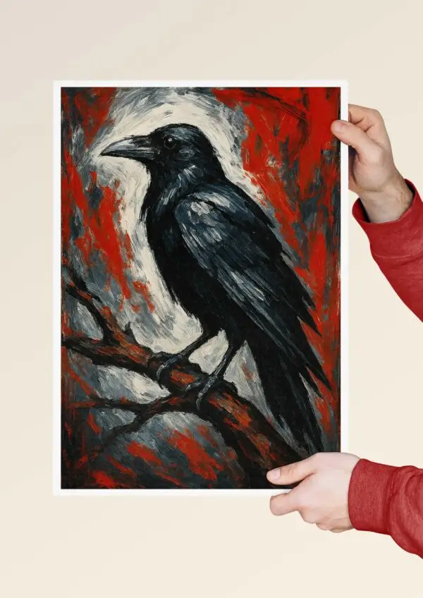 Black raven expressionist poster print held in hands