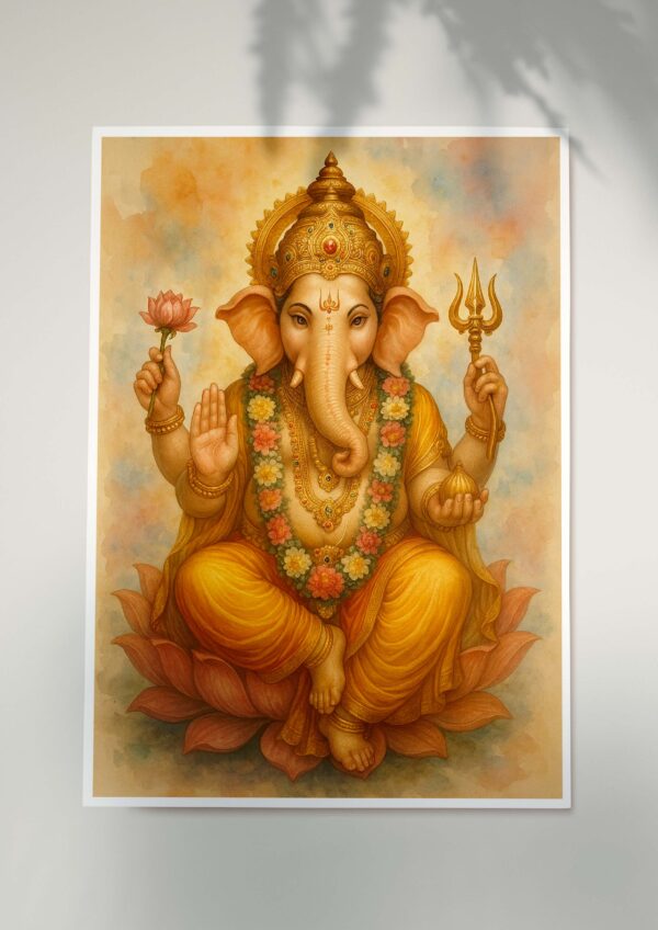 Lord Ganesha devotional poster seated on a lotus with golden crown and saffron robes