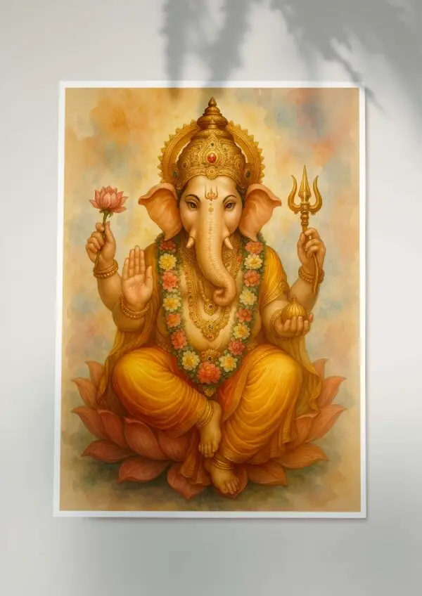 Lord Ganesha devotional poster seated on a lotus with golden crown and saffron robes