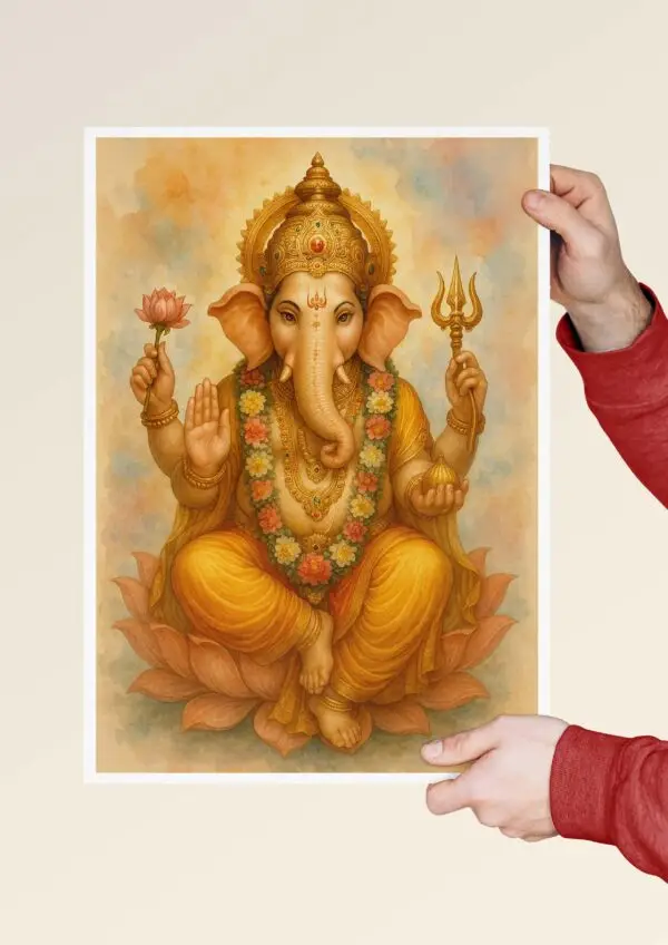 Lord Ganesha religious art poster held in hands
