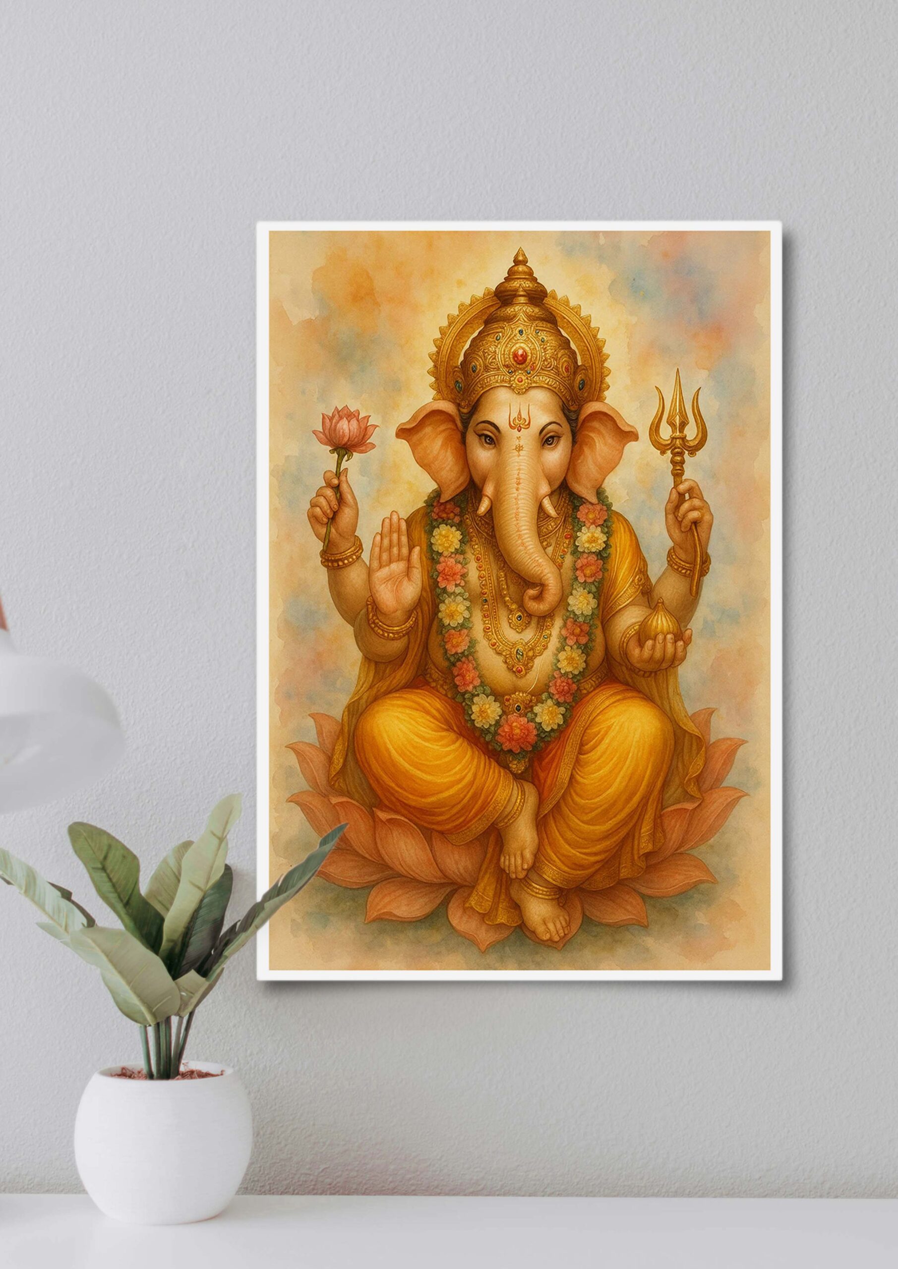 Golden Lord Ganesha devotional poster displayed on a wall
