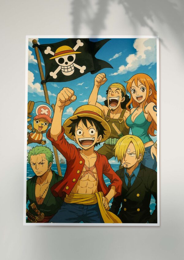One Piece Straw Hat Pirates anime poster displayed on a wall, featuring Luffy and the crew against a blue sky