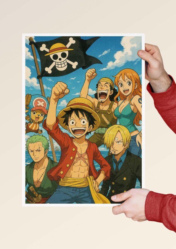 Close view of the One Piece Straw Hat Pirates anime poster held by hand