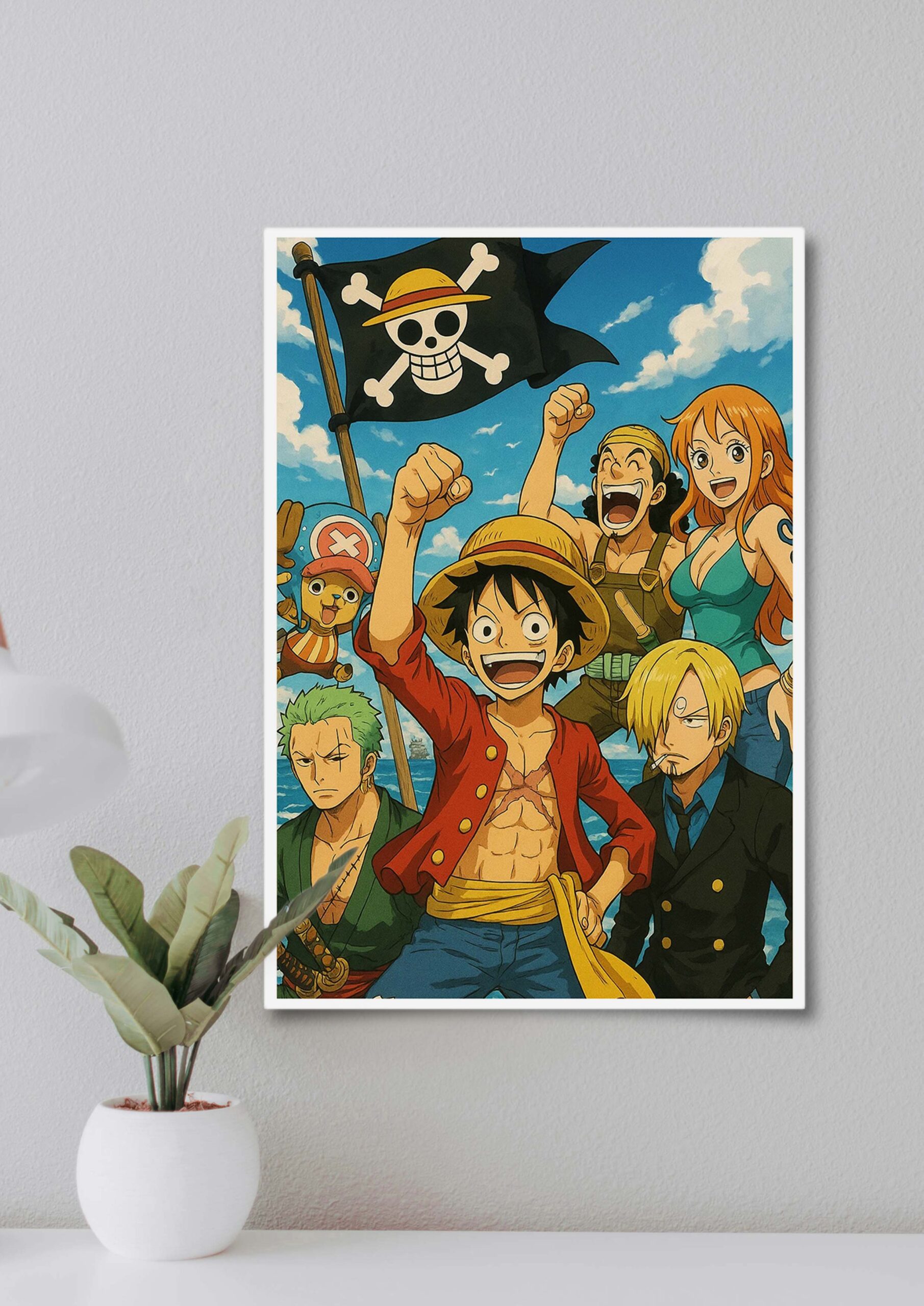 Framed One Piece Straw Hat Pirates anime poster displayed in a minimalist room