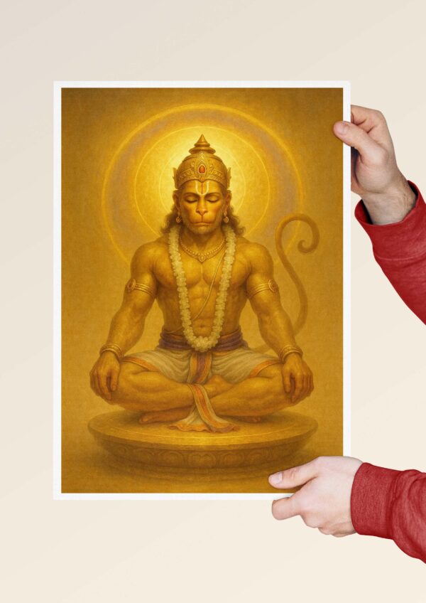 Handheld print mockup of Lord Hanuman meditating in a golden devotional artwork