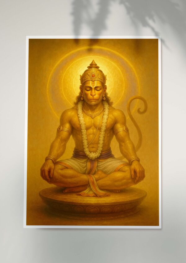 Lord Hanuman seated in meditation with a golden halo, crown, and white garland on a warm golden background