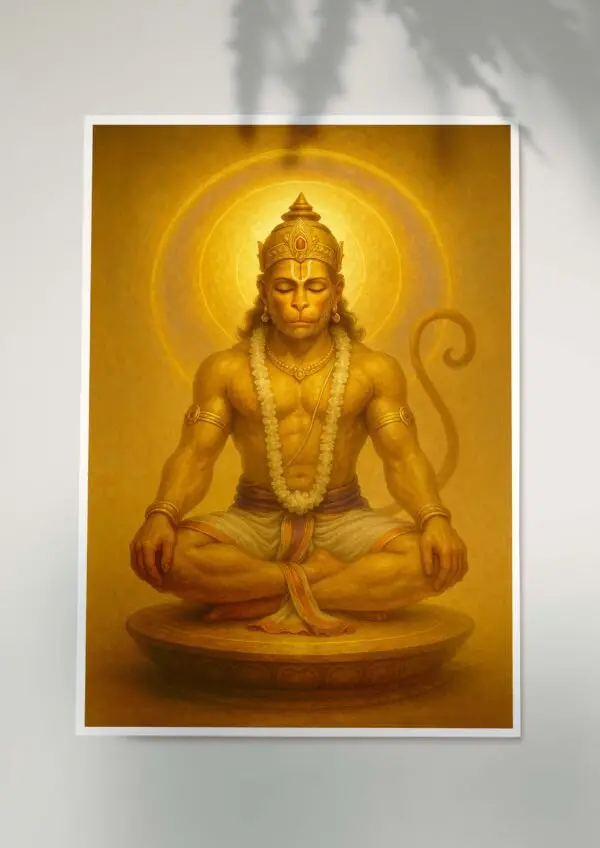 Lord Hanuman seated in meditation with a golden halo, crown, and white garland on a warm golden background
