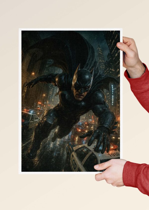 Handheld print mockup of Batman in a rain-soaked Gotham City at night