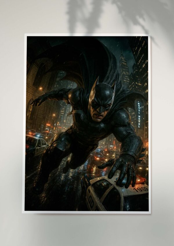 Batman in black armor leaping above rain-soaked Gotham City streets at night, cinematic dark superhero poster