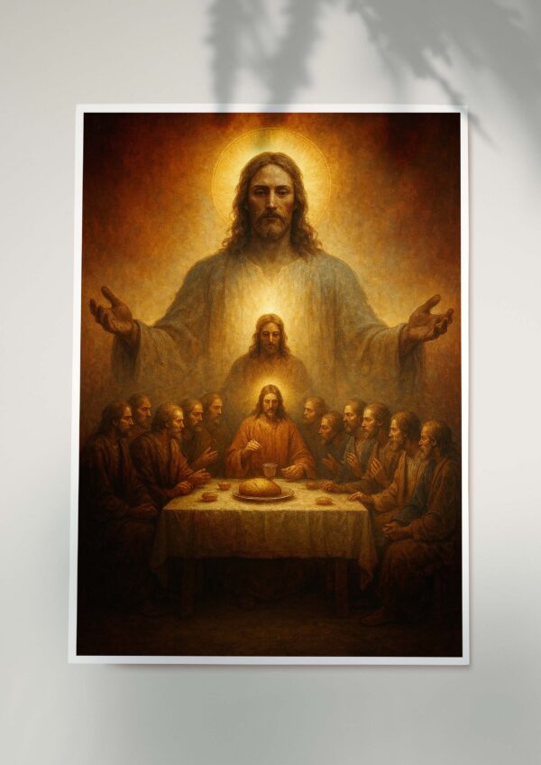 Jesus Christ Last Supper devotional poster with golden halo and apostles, framed print mockup