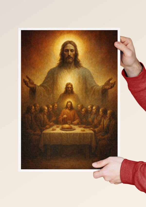 Jesus Christ Last Supper religious poster print held in hands