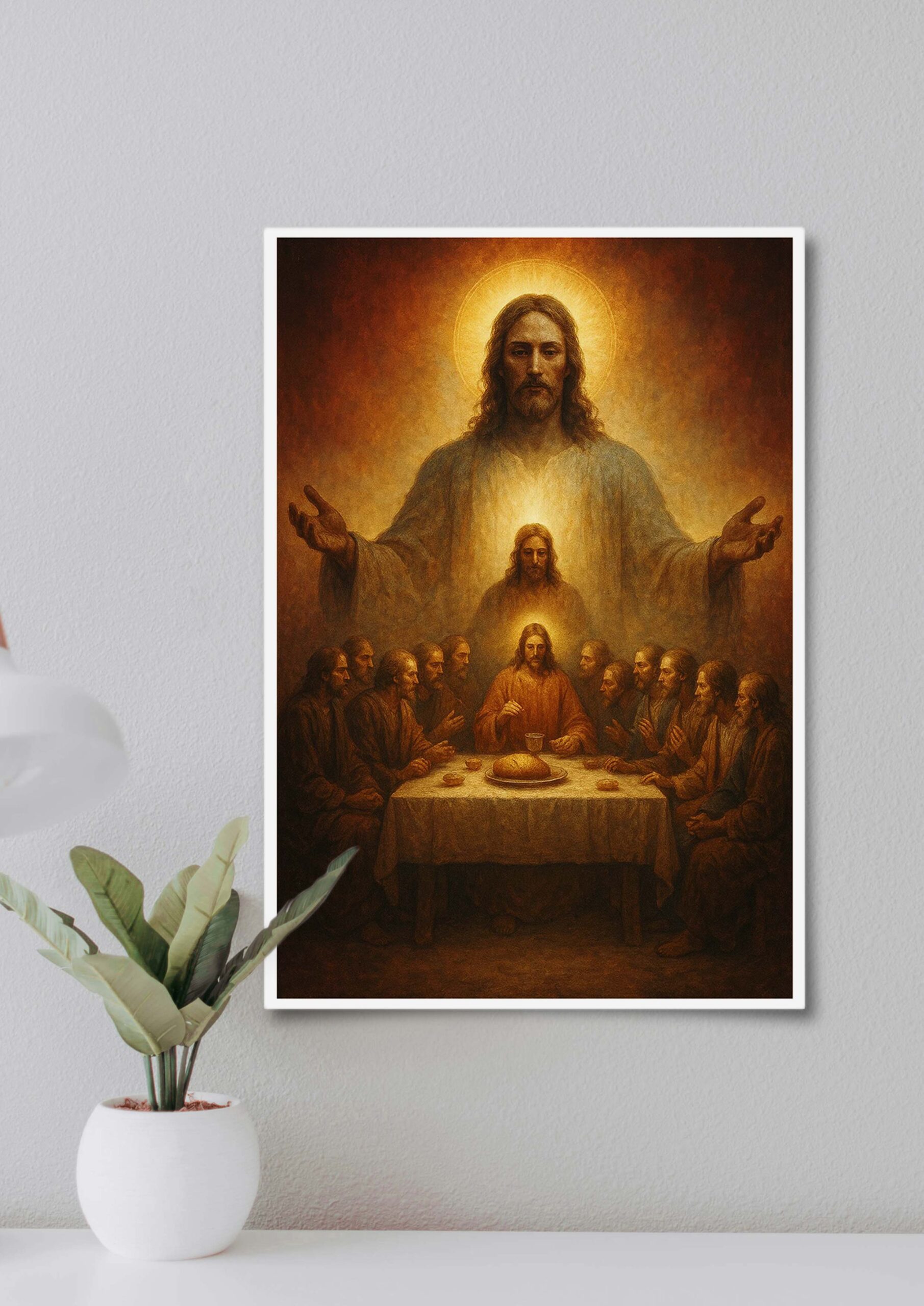Framed Jesus Christ Last Supper poster displayed on a wall beside a plant