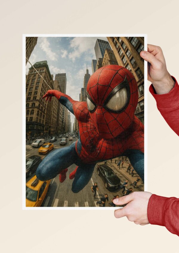 Handheld print mockup of Spider-Man swinging above New York City