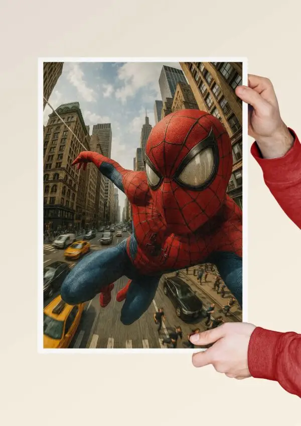 Handheld print mockup of Spider-Man swinging above New York City