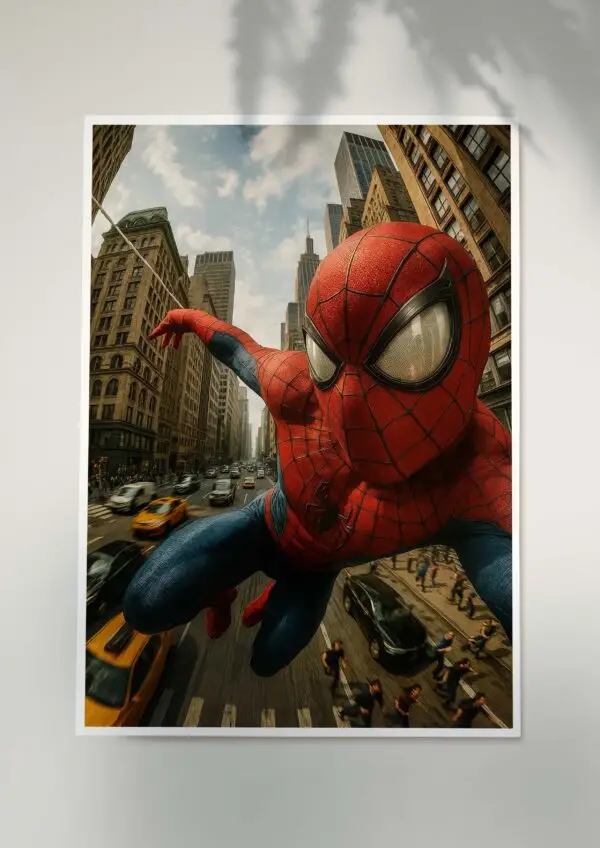 Spider-Man in a red and blue suit swinging above New York City streets, poster print mockup